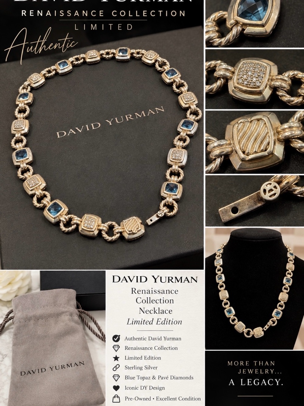 David Yurman Silver Necklace with Blue Topaz and Pavé Diamonds renaissance